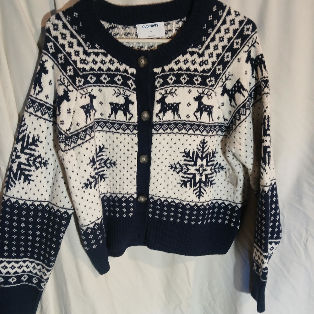 Old Navy Women's Festive Navy and White Cardigan